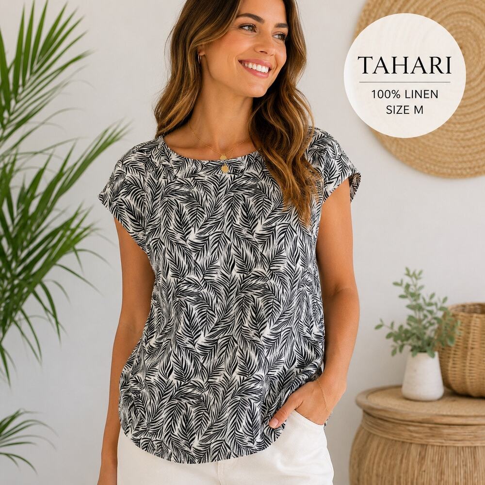 Tahari 100% Linen Tropical Palm Leaf Blouse M Coastal Resort Top